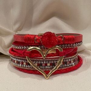 Bohemian Rhinestone Multilayer Love Heart Red Stone Bracelet NEW ♥️